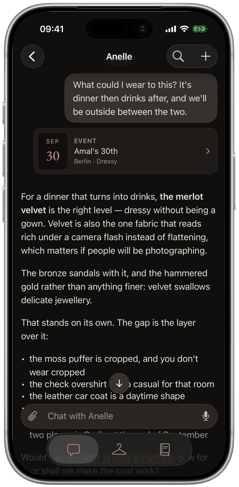A user asks what to wear to an occasion, with the occasion attached to their message, and the assistant begins to answer from the wardrobe.